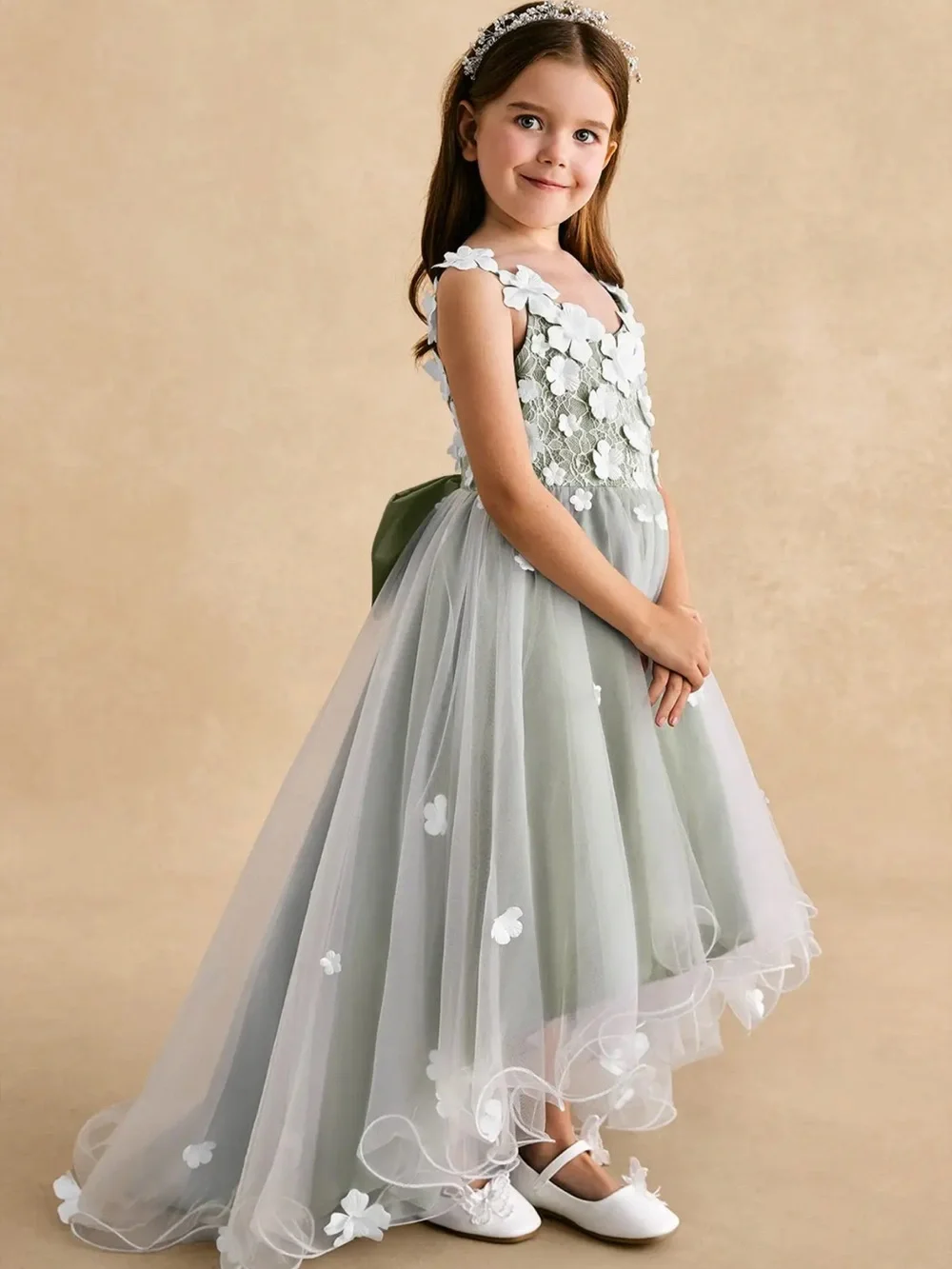 Azazie Sage Green Girls' Tulle Floral Appliqué Dress